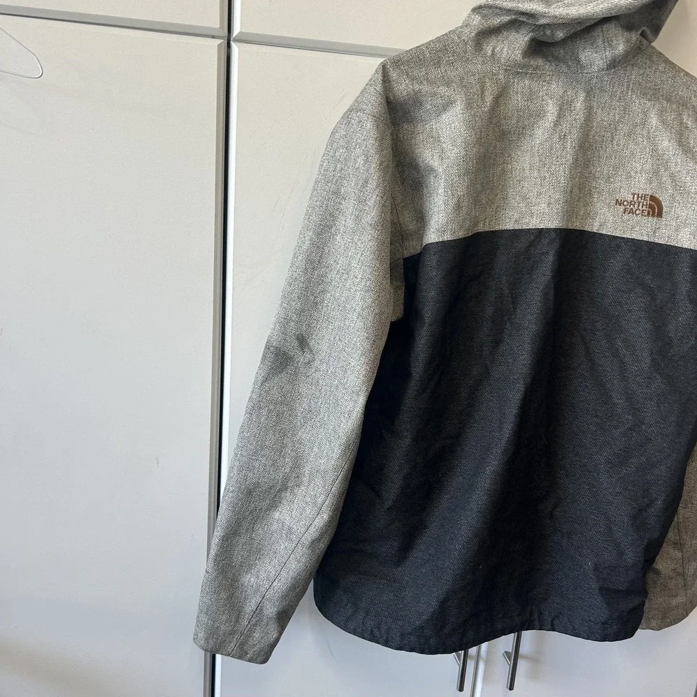 The North Face Mens L Hooded Jacket Grey Herringbone Black Colorblock Zip Up